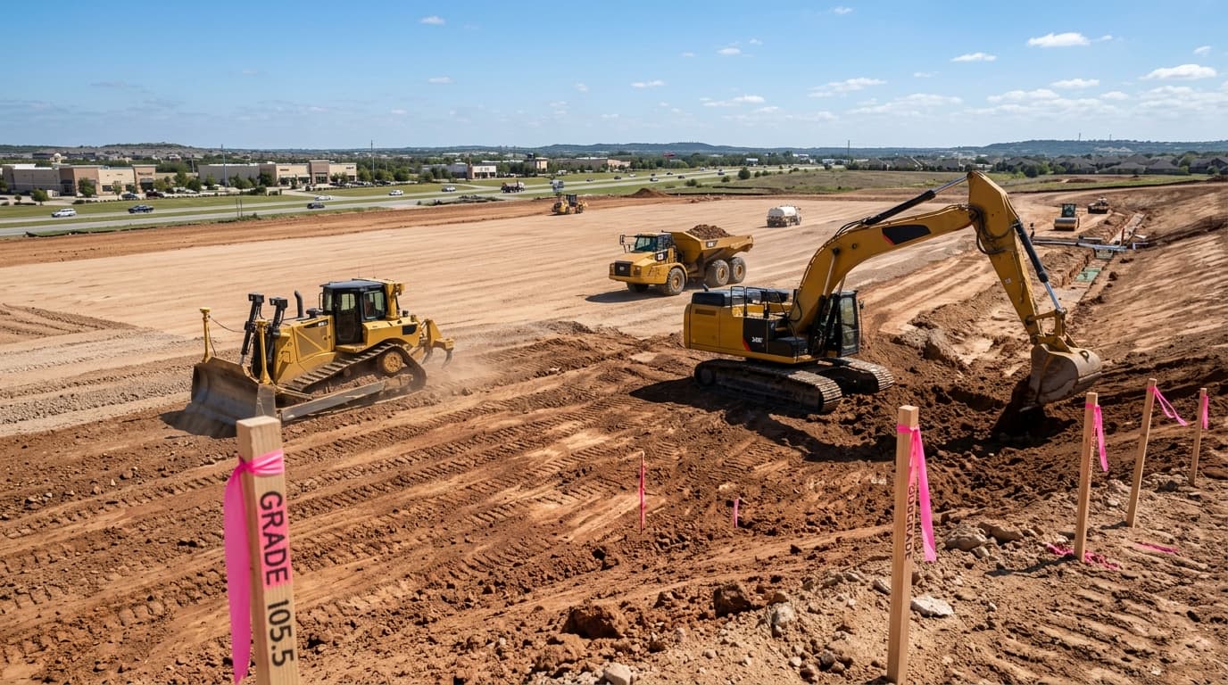 Heavy civil earthmoving excavation and GPS bulldozer grading commercial development pad with elevation grade stakes
